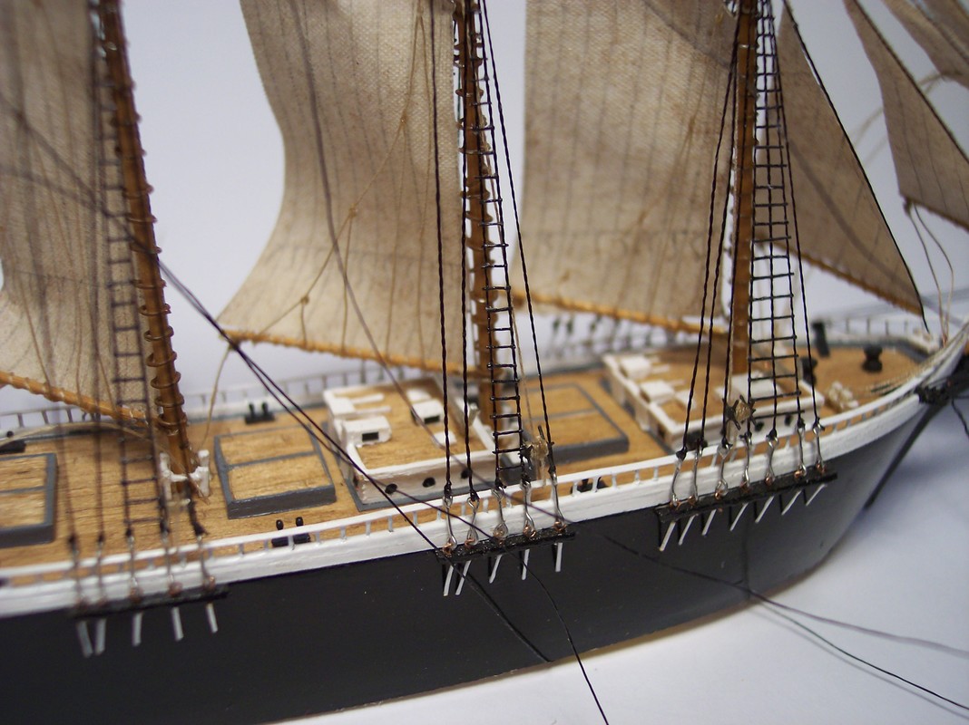 Close up view of the deck details on the miniature model of he Schooner Wyoming