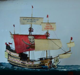 A miniature model of the Buccaneers stadium ship